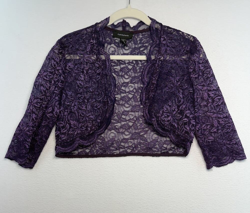 R&M Richards Size 6 Women’s Scalloped Sequin Lace Party Purple Cropped Cover Up